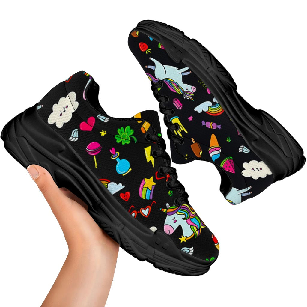 Black Girly Unicorn Pattern Print Black Chunky Shoes