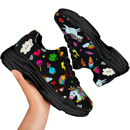 Black Girly Unicorn Pattern Print Black Chunky Shoes