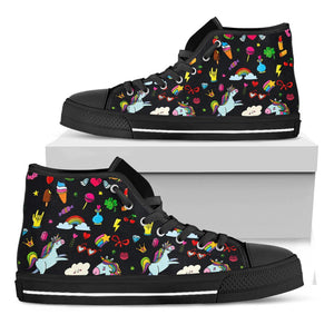 Black Girly Unicorn Pattern Print Black High Top Sneakers