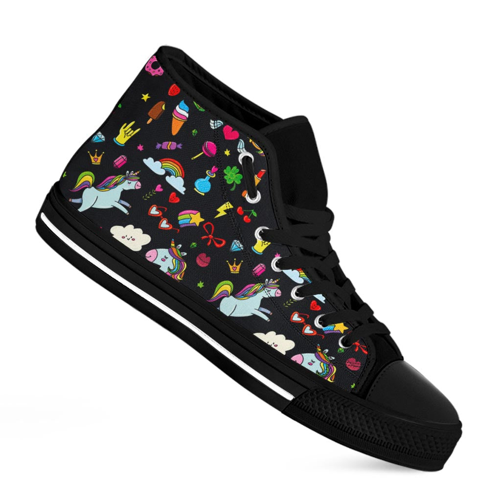 Black Girly Unicorn Pattern Print Black High Top Sneakers