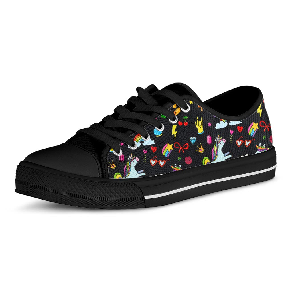 Black Girly Unicorn Pattern Print Black Low Top Sneakers