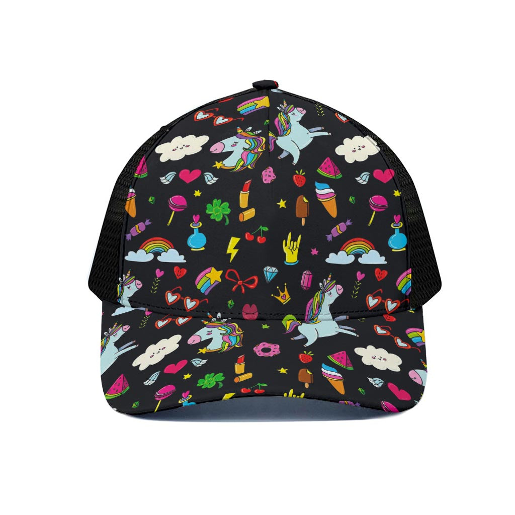 Black Girly Unicorn Pattern Print Black Mesh Trucker Cap