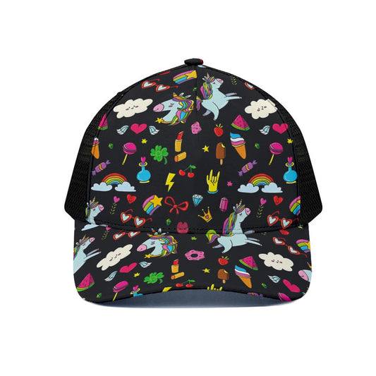 Black Girly Unicorn Pattern Print Black Mesh Trucker Cap
