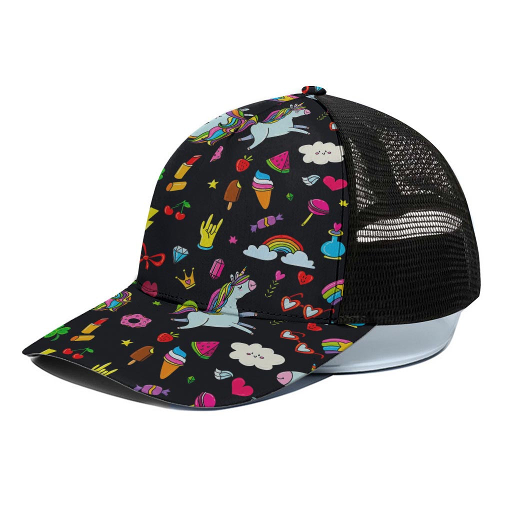 Black Girly Unicorn Pattern Print Black Mesh Trucker Cap
