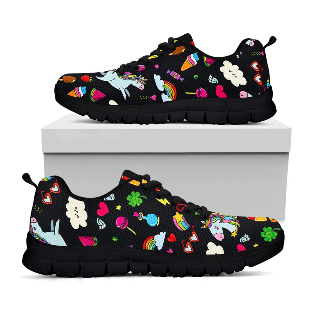 Black Girly Unicorn Pattern Print Black Running Shoes