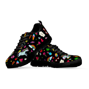 Black Girly Unicorn Pattern Print Black Running Shoes