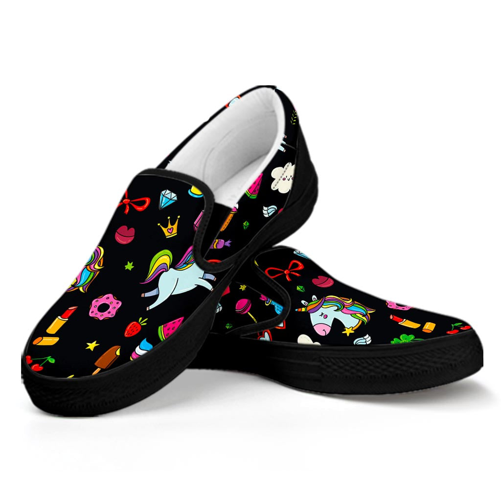 Black Girly Unicorn Pattern Print Black Slip On Sneakers