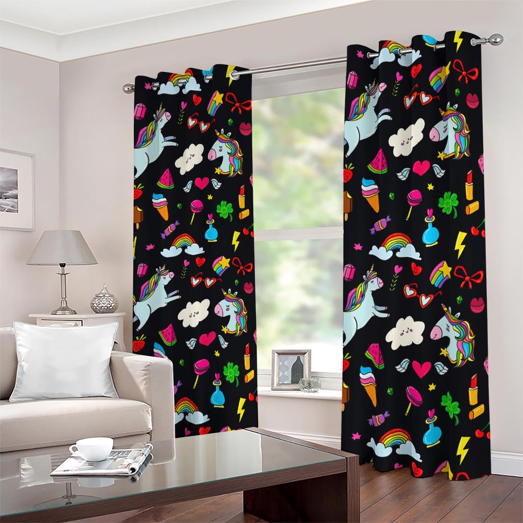 Black Girly Unicorn Pattern Print Blackout Grommet Curtains