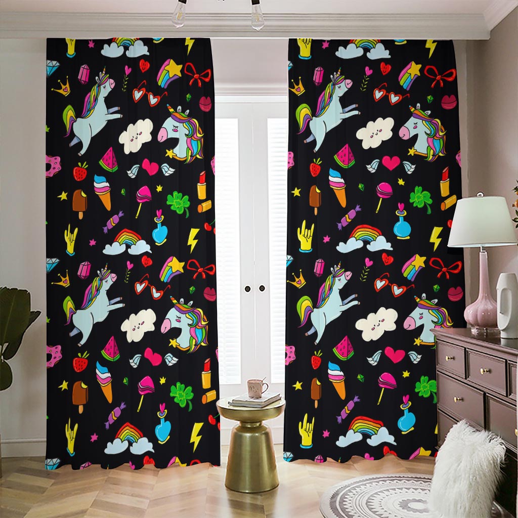 Black Girly Unicorn Pattern Print Blackout Pencil Pleat Curtains