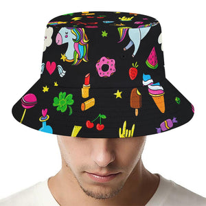 Black Girly Unicorn Pattern Print Bucket Hat