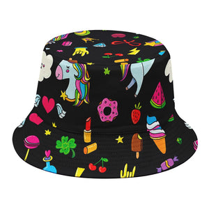 Black Girly Unicorn Pattern Print Bucket Hat