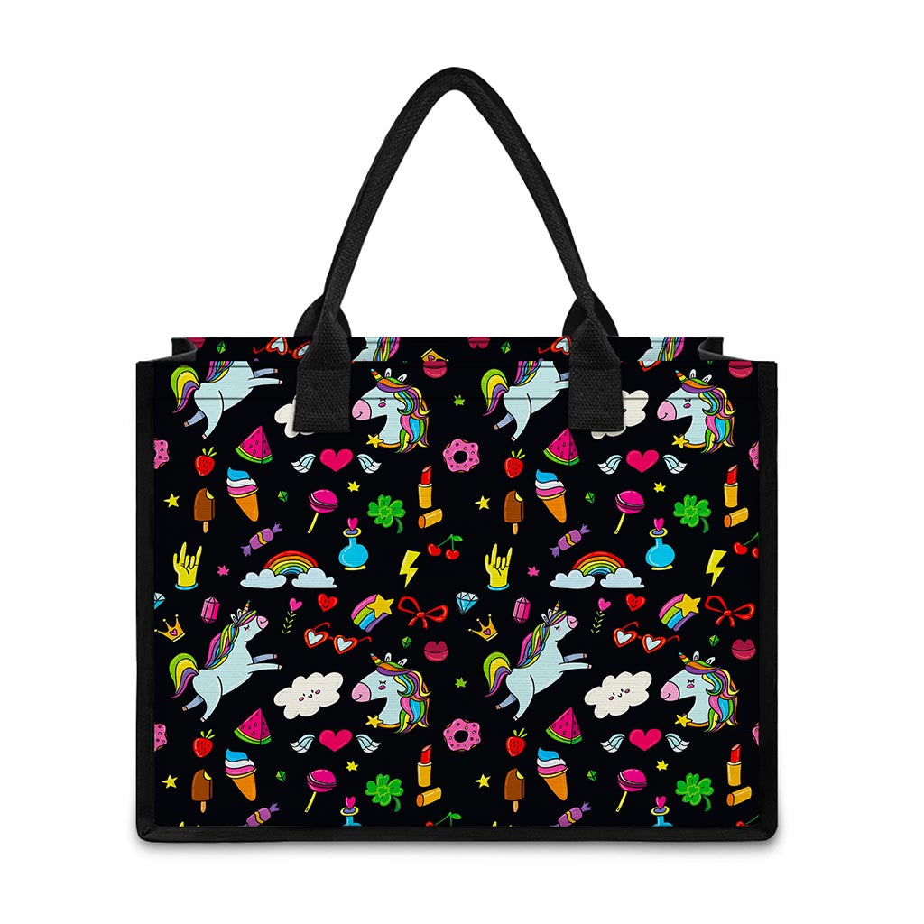Black Girly Unicorn Pattern Print Canvas Tote Bag