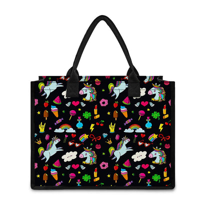 Black Girly Unicorn Pattern Print Canvas Tote Bag