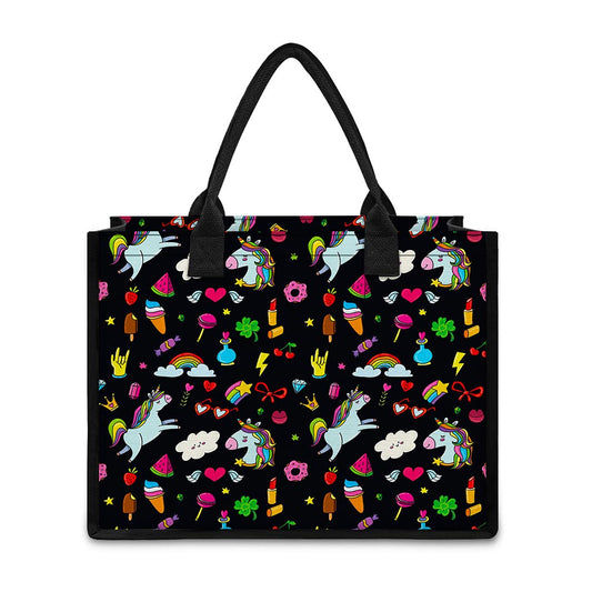 Black Girly Unicorn Pattern Print Canvas Tote Bag