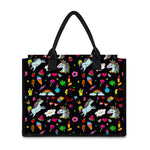 Black Girly Unicorn Pattern Print Canvas Tote Bag