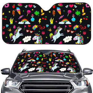 Black Girly Unicorn Pattern Print Car Windshield Sun Shade