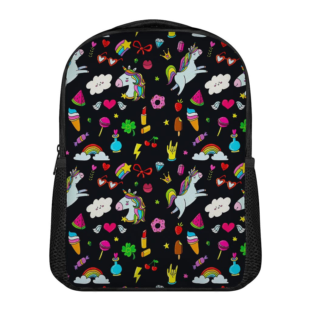 Black Girly Unicorn Pattern Print Casual Backpack