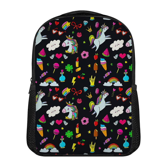 Black Girly Unicorn Pattern Print Casual Backpack