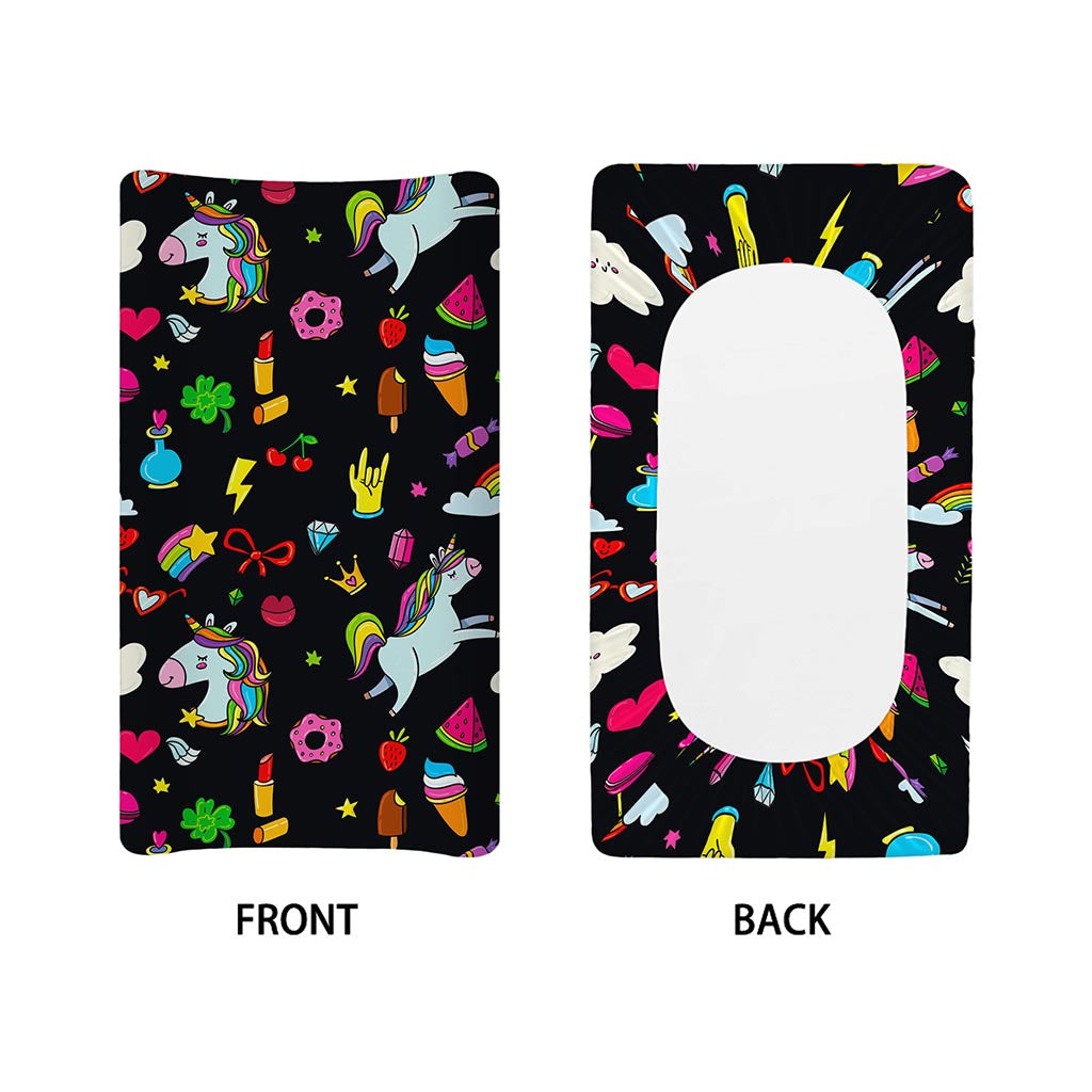 Black Girly Unicorn Pattern Print Changing Pad Cover