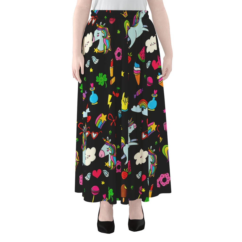 Black Girly Unicorn Pattern Print Chiffon Maxi Skirt