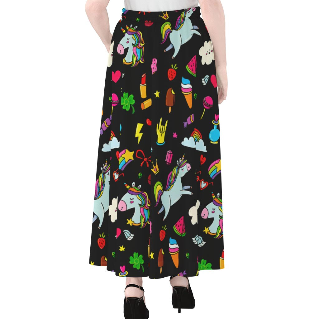 Black Girly Unicorn Pattern Print Chiffon Maxi Skirt