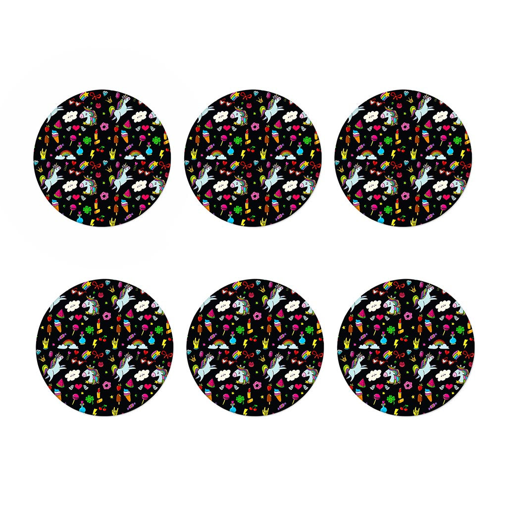 Black Girly Unicorn Pattern Print Coaster Set