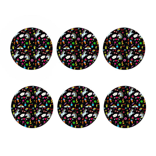 Black Girly Unicorn Pattern Print Coaster Set