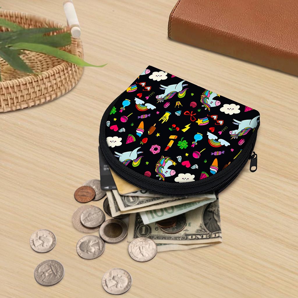 Black Girly Unicorn Pattern Print Coin Purse
