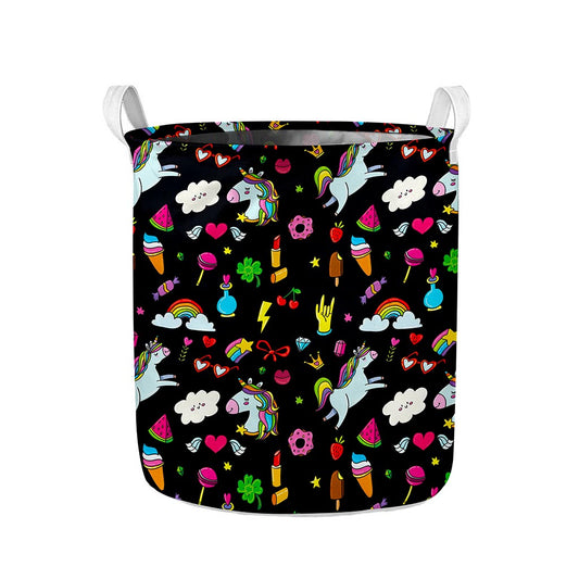Black Girly Unicorn Pattern Print Collapsible Laundry Basket
