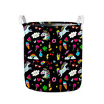 Black Girly Unicorn Pattern Print Collapsible Laundry Basket