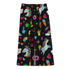 Black Girly Unicorn Pattern Print Cotton Front Slit Maxi Skirt