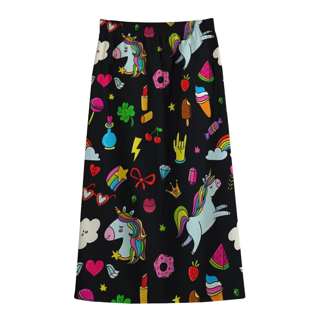 Black Girly Unicorn Pattern Print Cotton Front Slit Maxi Skirt