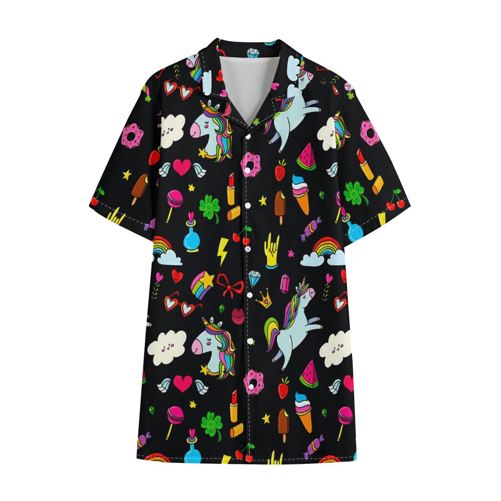 Black Girly Unicorn Pattern Print Cotton Hawaiian Shirt