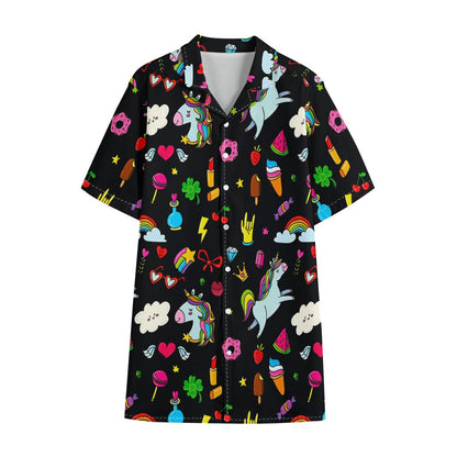 Black Girly Unicorn Pattern Print Cotton Hawaiian Shirt
