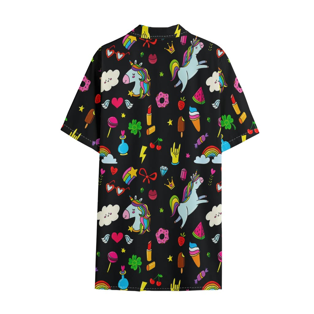 Black Girly Unicorn Pattern Print Cotton Hawaiian Shirt