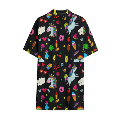Black Girly Unicorn Pattern Print Cotton Hawaiian Shirt