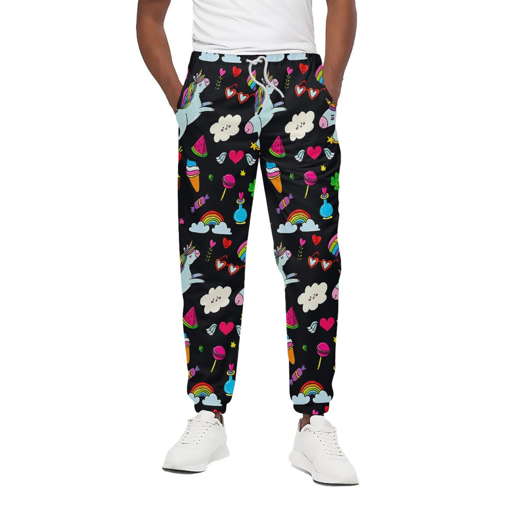 Black Girly Unicorn Pattern Print Cotton Pants