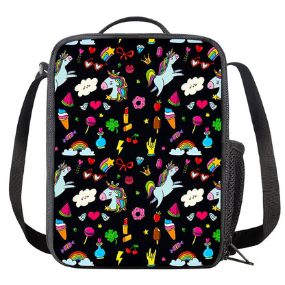 Black Girly Unicorn Pattern Print Crossbody Lunch Bag