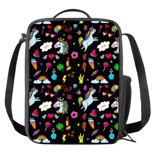 Black Girly Unicorn Pattern Print Crossbody Lunch Bag