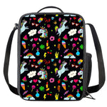 Black Girly Unicorn Pattern Print Crossbody Lunch Bag