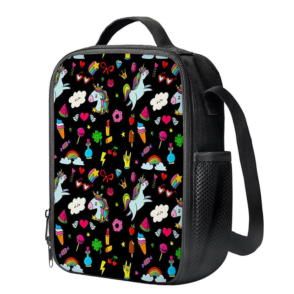 Black Girly Unicorn Pattern Print Crossbody Lunch Bag