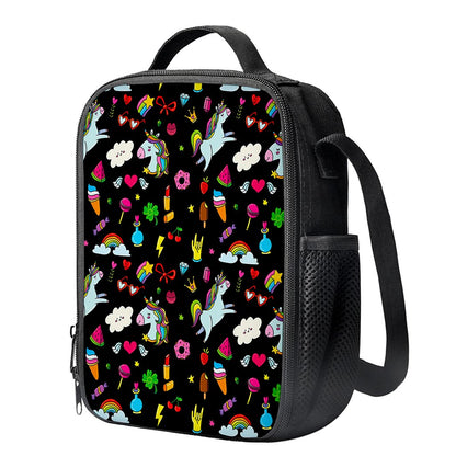 Black Girly Unicorn Pattern Print Crossbody Lunch Bag