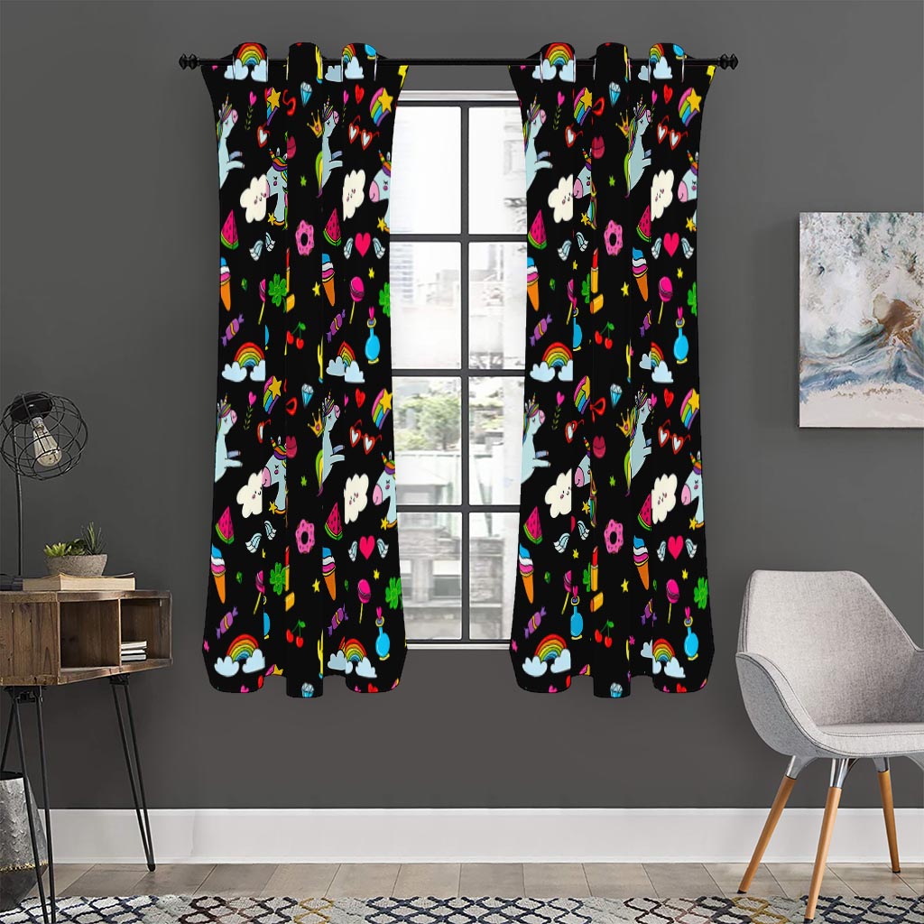 Black Girly Unicorn Pattern Print Curtain