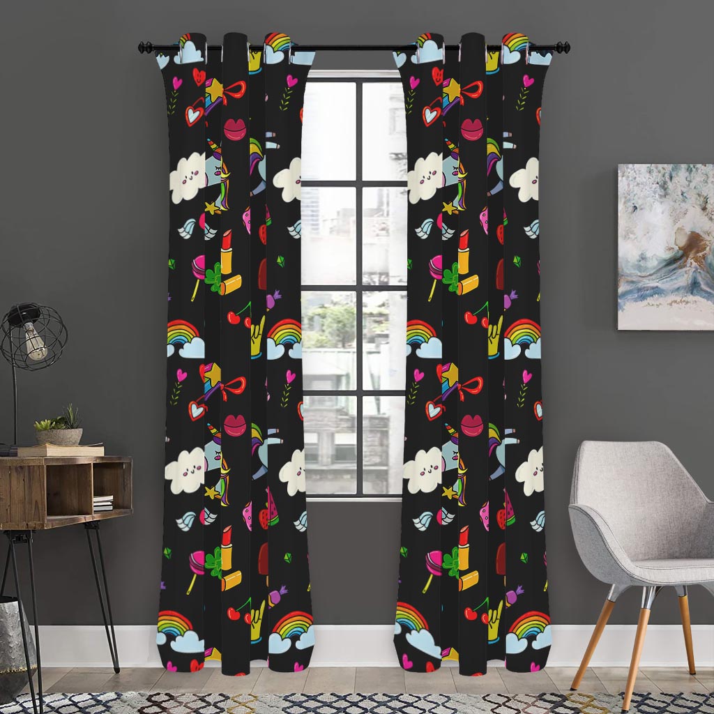 Black Girly Unicorn Pattern Print Curtain