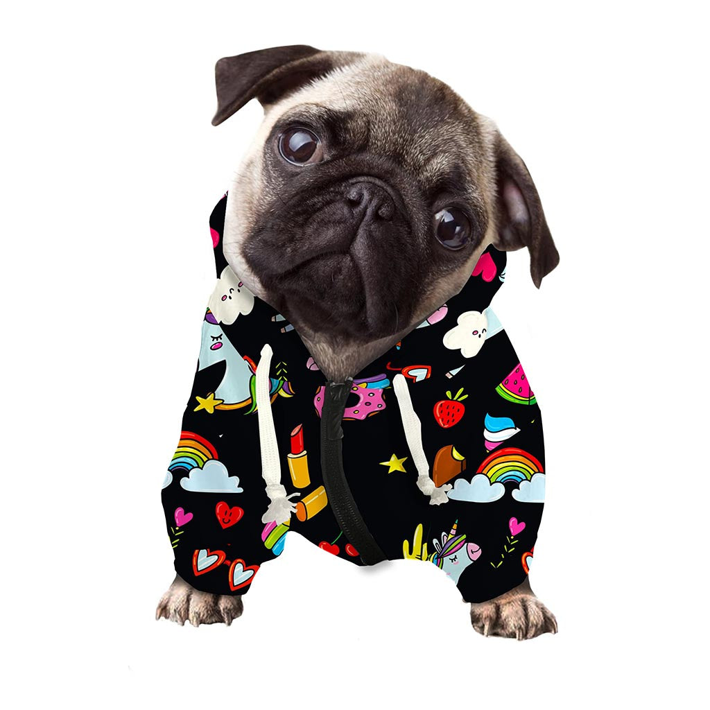 Black Girly Unicorn Pattern Print Dog Zip Up Hoodie