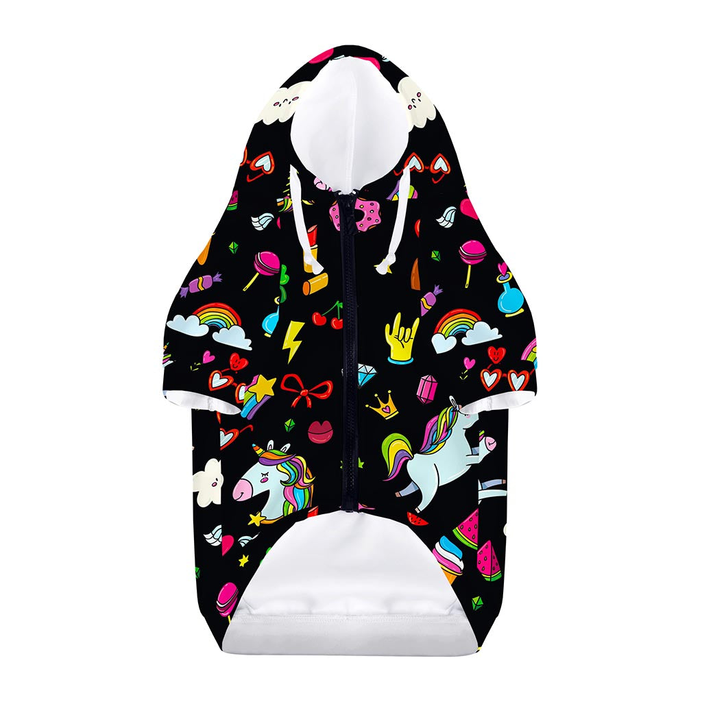 Black Girly Unicorn Pattern Print Dog Zip Up Hoodie