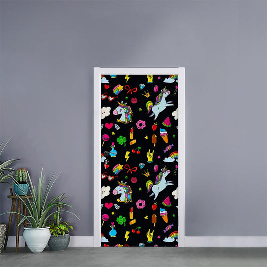 Black Girly Unicorn Pattern Print Door Sticker