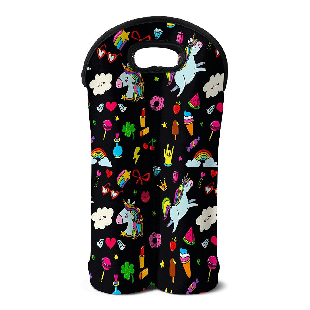 Black Girly Unicorn Pattern Print Double Neoprene Wine Tote