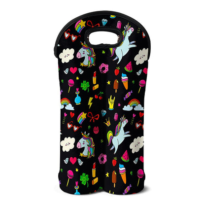 Black Girly Unicorn Pattern Print Double Neoprene Wine Tote