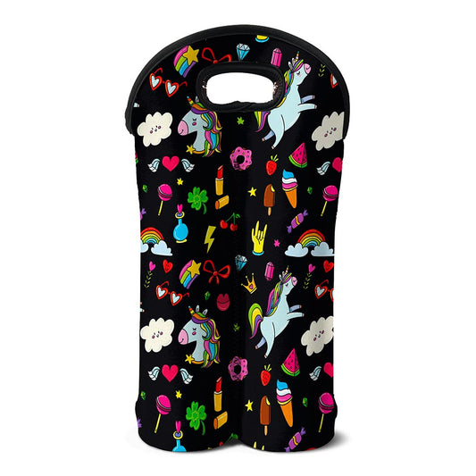 Black Girly Unicorn Pattern Print Double Neoprene Wine Tote